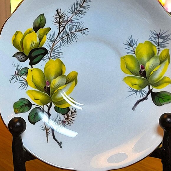 Vintage Regency English Bone China Saucers, Yellow Magnolia Gold Trim, Set of 3 - Picture 3 of 10